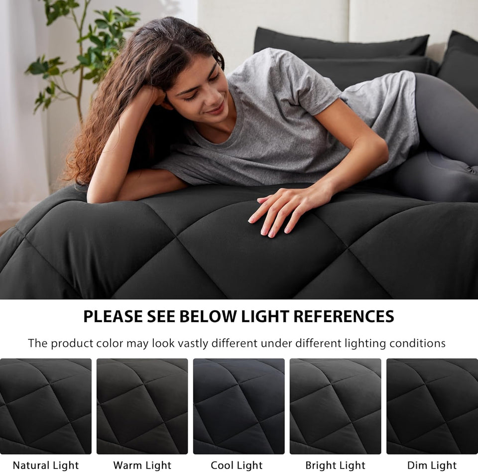 Love's cabin King Size Comforter Set Black, 7 Pieces King Bed in a Bag, All Season Bedding Sets with 1 Comforter, 1 Flat Sheet, 1 Fitted Sheet, 2 Pillowcase and 2 Pillow Sham