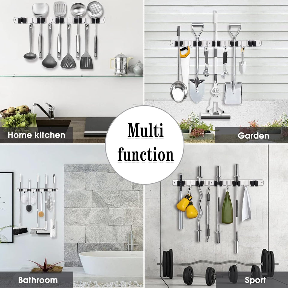 AceMining 5 Racks and 4 Hooks Mop and Broom Holder Wall Mount, Broom Organizer Storage Tool Racks Stainless Steel Heavy Duty Hooks Self Adhesive Solid Non-slip for Home Kitchen Garden Laundry Garage