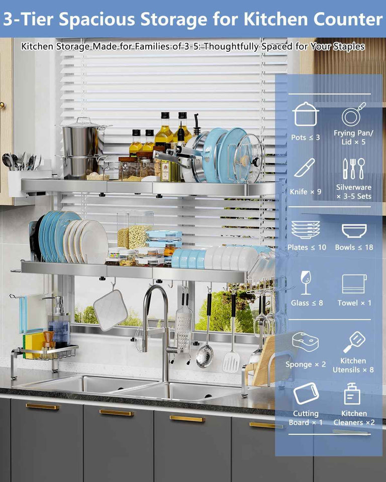 3 Tier Extra Large Stainless Steel Over The Sink Dish Drying Rack - Expandable Multifunctional Organizer and Space-Saving Above Sink Dish Rack