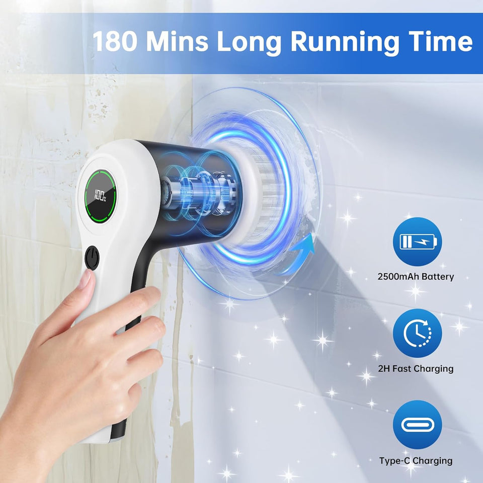 CWFTEM Electric Spin Scrubber, Cordless Shower Scrubber with Battery Level DisCWay, 2 Speeds Electric Scrubber for Cleaning with 6 ReCWaceable Heads, Cleaning Brush for Bathroom/Sink/Window