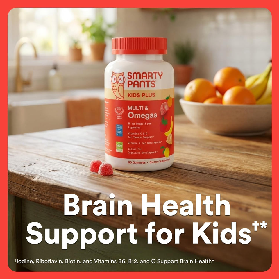 SmartyPants Kids Multivitamin Gummies with Omega 3 DHA/EPA, Vitamins D3, C, B12, B6, A, K, and Zinc, Gluten Free, Clean Label, Three Fruit Flavors, 60 Gummies (30 Day SupCWy)