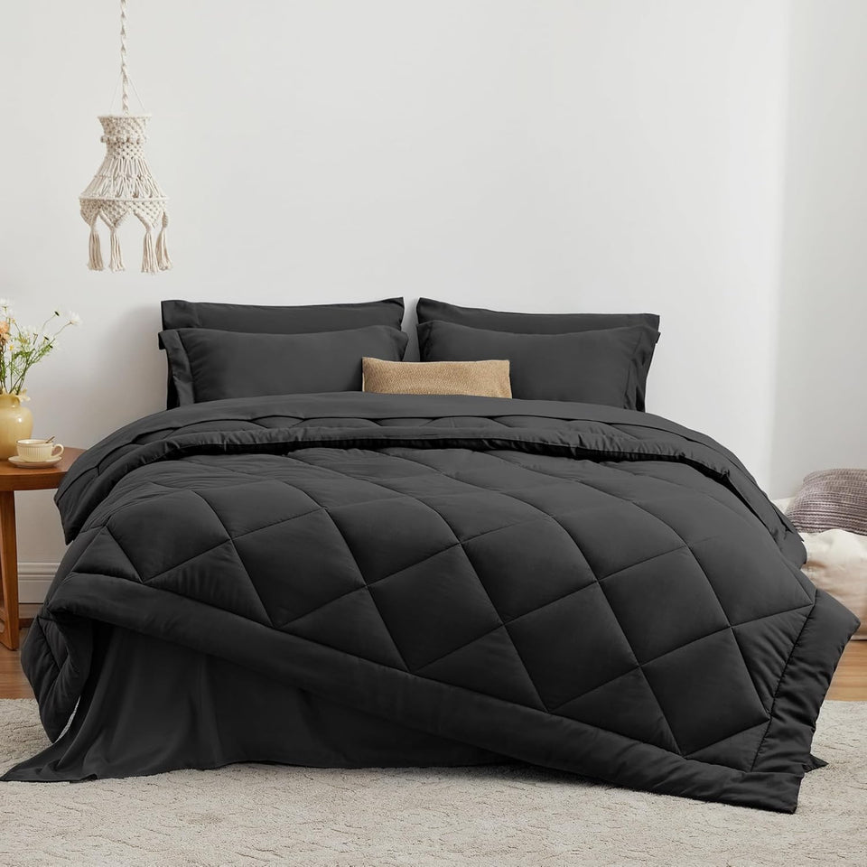 Love's cabin King Size Comforter Set Black, 7 Pieces King Bed in a Bag, All Season Bedding Sets with 1 Comforter, 1 Flat Sheet, 1 Fitted Sheet, 2 Pillowcase and 2 Pillow Sham