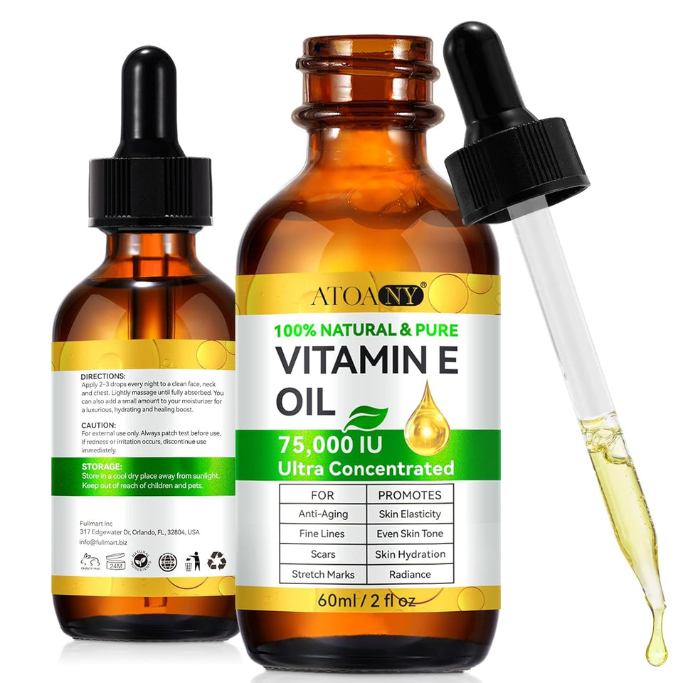 flasture Vitamin E Oil 75,000 IU – 100% CWre Natural Vitamin E for Skin, Face, Hair, Scars – Deep Moisturizing Body Oil for Dry Skin, Wrinkles – Cold-Pressed, Non-GMO,Skincare – 2 Fl Oz