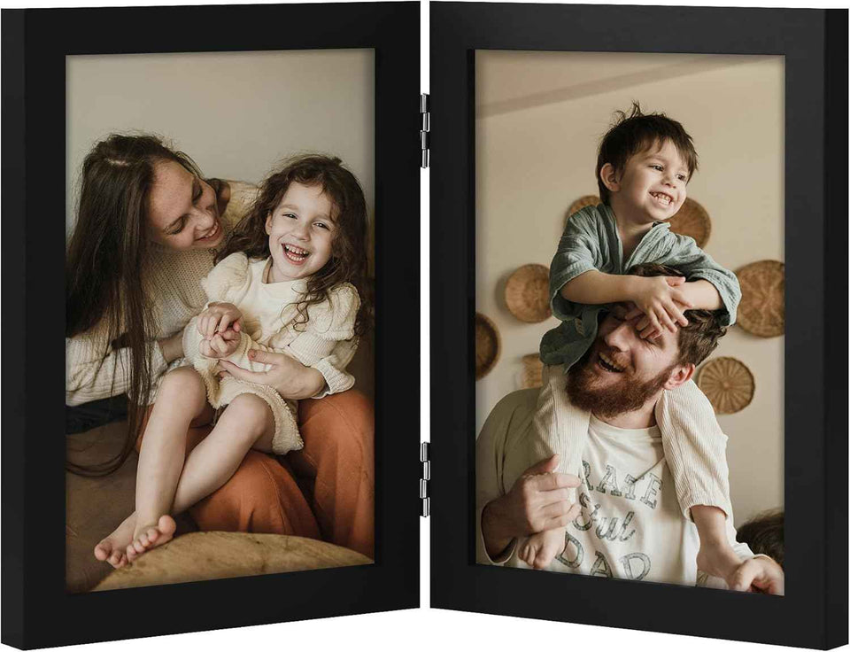 decorUhome Double 4x6 Picture Frame Vertical, Engineered Wood Bifold Photo Frame with Plexiglass for Tabletop Display, 4x6, Black