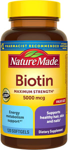 Nature Made Maximum Strength Biotin 5000 mcg Softgels, Biotin Hair Skin and Nails Vitamins Dietary Supplement, 120 Count