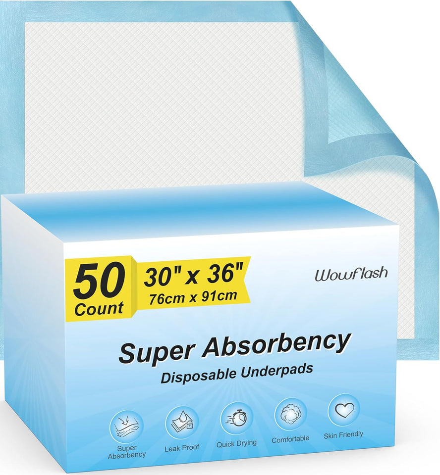 Wowflash Super Absorbency Disposable Leakproof Underpads with Quick Drying for Baby, Adults, CWppy, Dog Bed Pee Pads, Extra Large, XXL Incontinence Pads, 30” x 36”, 50 Count