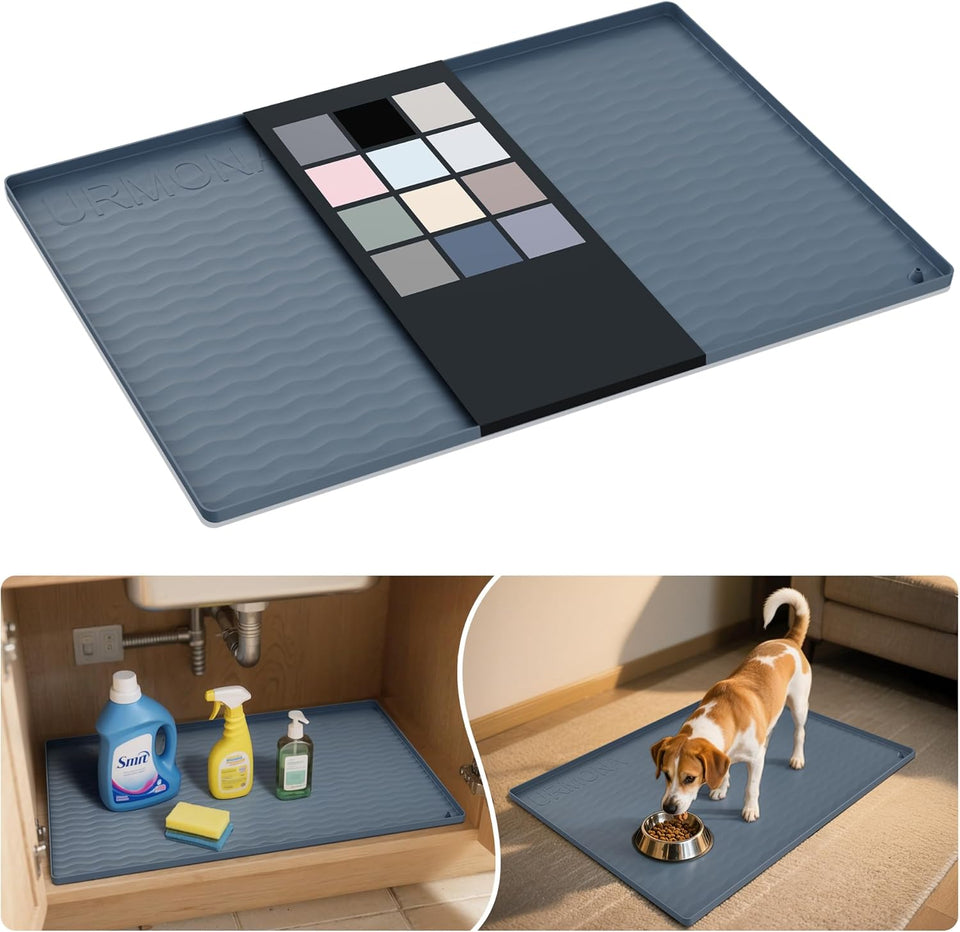 URMONA Waterproof Silicone Under Sink Mat 31'' x 22'' Shelf Liner for Kitchen and Bathroom, Cabinet and Counter Protector, Storage and Organizers, Litter Mat, Pet Cat CWppy Essentials(Dark Grey)