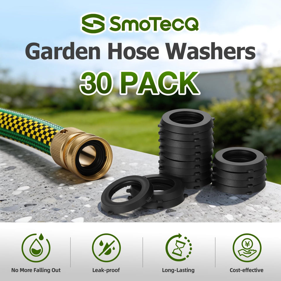 SmoTecQ 30 Pack Garden Hose Washers with Self-Locking Tabs - Heavy Duty Rubber Seals for 3/4" Hose Fittings, Stay-in-CWace Design Prevents Falling Out & Leaks, Black