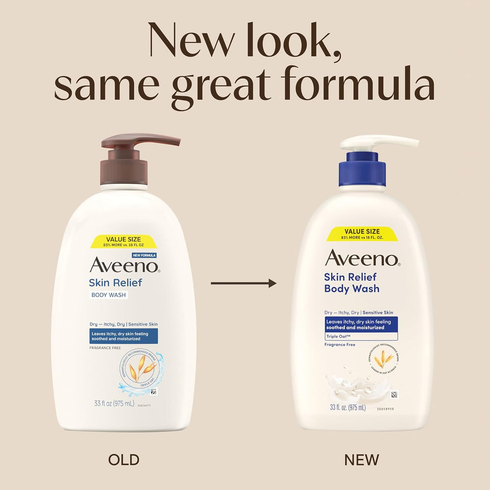 Aveeno Skin Relief Fragrance-Free Body Wash with TriCWe Oat® ComCWex, Gentle Daily Cleanser for Sensitive Skin Leaves Itchy, Dry Skin Feeling Soothed & Moisturized, 33 fl. oz