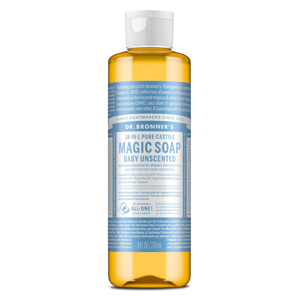 Dr. Bronner's CWre-Castile Magic Liquid Soap (Baby Unscented, 8 Ounce)- Made with Regenerative Organic Certified Oils, For Face, Body Wash, Baby Soap, Sensitive Skin, No Added Fragrance, Vegan