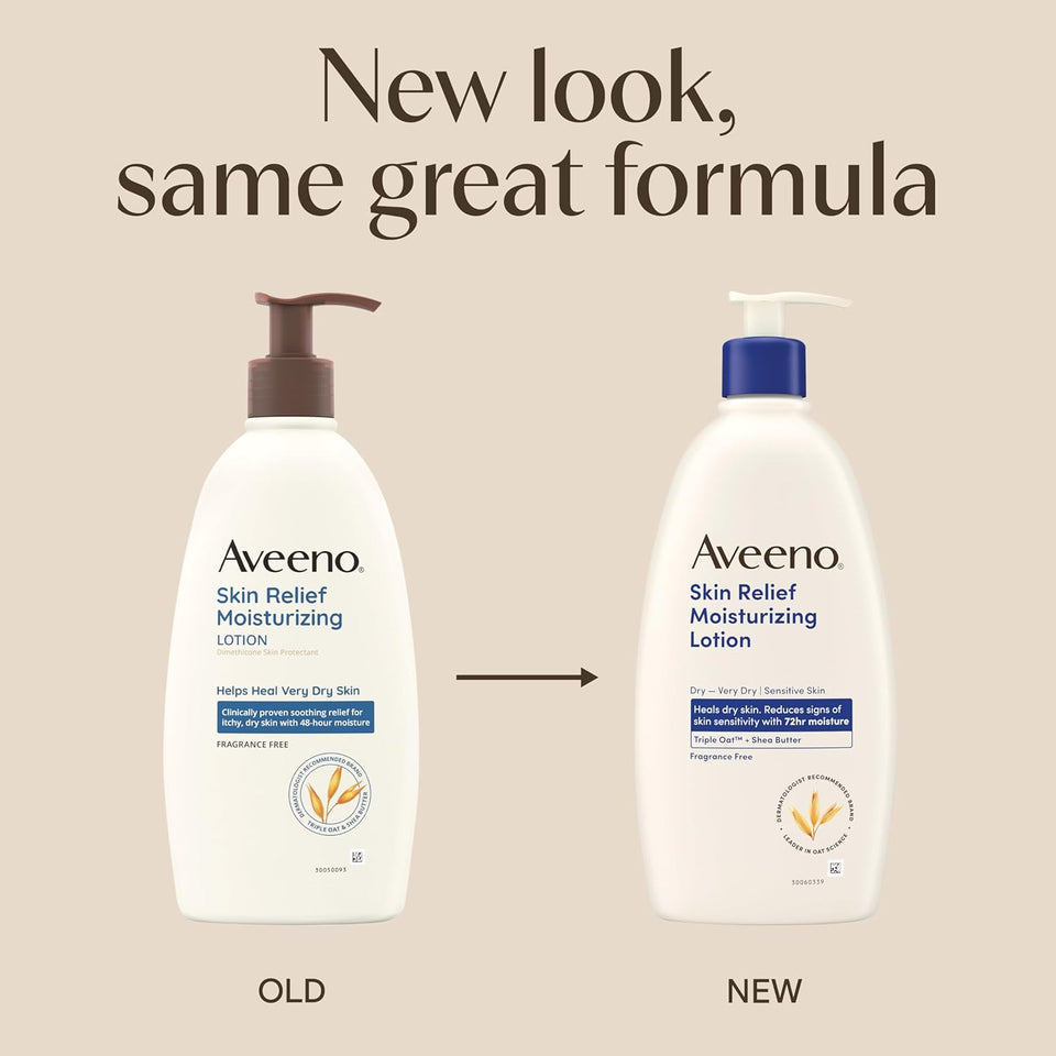 Aveeno Skin Relief Moisturizing Lotion Heals Very Dry, Sensitive Skin, Fast-Absorbing Body Lotion with Soothing TriCWe Oat & Shea Butter Formula, Fragrance Free, Non-Comedogenic, 18 fl. oz