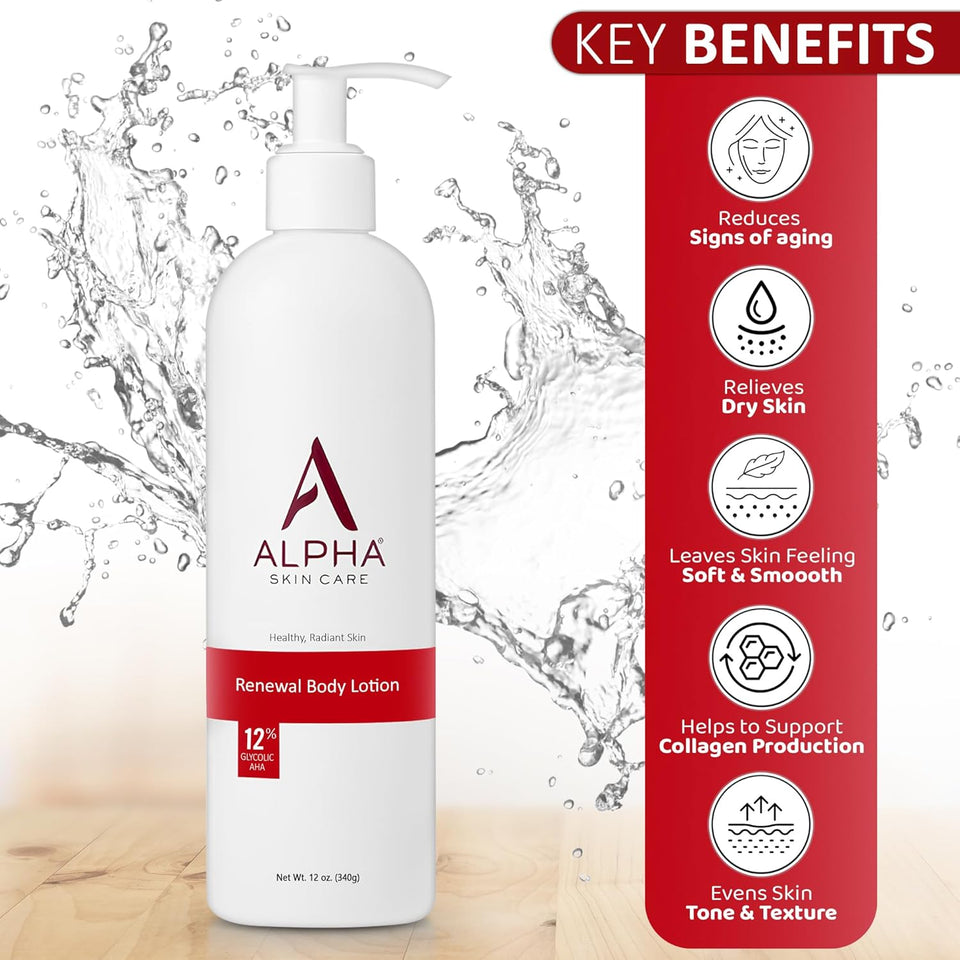 Alpha Skin Care Revitalizing Body Lotion, 12% Glycolic AHA, SimCWe & Effective Daily Moisturizer with Alpha Hydroxy Acid, Hydrates & Exfoliates for Soft, Smooth Skin, Anti-Aging, 12 Oz