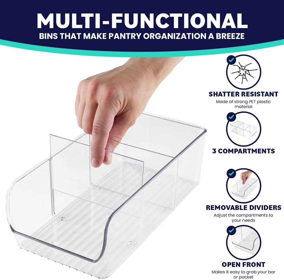 ELTOW 4-Pack 3-Compartment Plastic Snack Organizer with Removable Dividers for Pantry and Fridge Storage