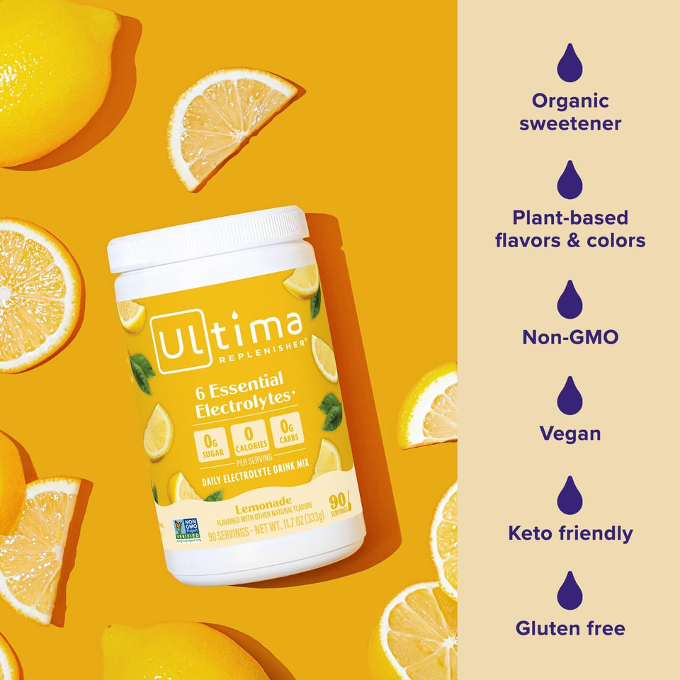 Ultima Replenisher Daily Electrolyte Powder Drink Mix – Sugar Free – Lemonade, 90 Servings – Hydration Powder with 6 Key Electrolytes and Trace Minerals – Keto Friendly, Vegan, Non-GMO