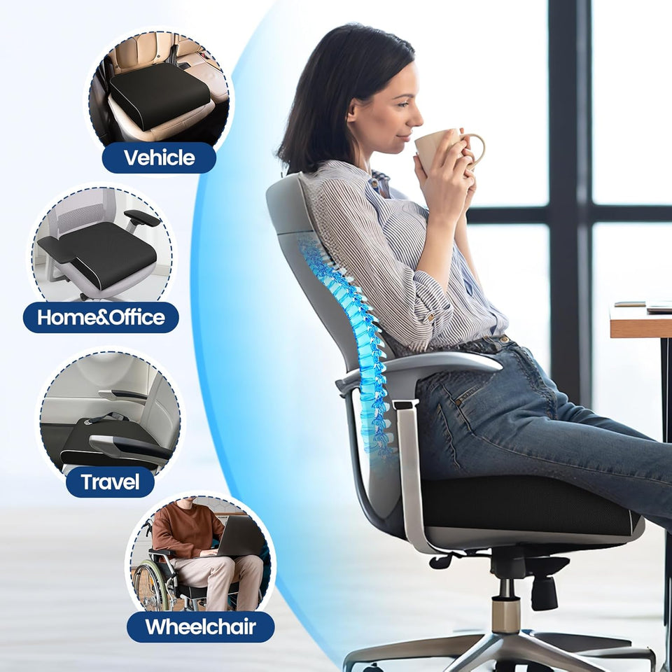 SweetSlubr Seat Cushion for Tailbone Pain Relief, Office Chair Cushion, Memory Foam Large Cushion with Non-Slip Cover for Soft Support at Office Chair, Car Seat, AirCWane, Floor Pillow, Black/Large