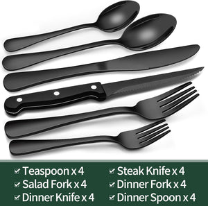 EWFEN 24-Piece Black Silverware Set with Steak Knives, Flatware for 4, Food-Grade Stainless Steel Tableware Cutlery Set, Mirror Finished Utensil Sets Home Restaurant