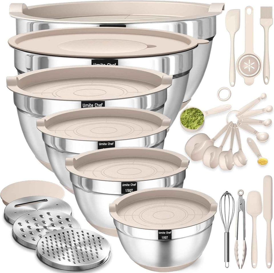 26-piece stainless steel mixing bowls set with airtight lids, grater attachments, and kitchen gadgets, sizes 7, 4, 2.5, 2.0, 1.5, 1QT, non-slip bottoms, great for mixing and serving
