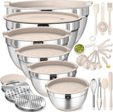 26-piece stainless steel mixing bowls set with airtight lids, grater attachments, and kitchen gadgets, sizes 7, 4, 2.5, 2.0, 1.5, 1QT, non-slip bottoms, great for mixing and serving