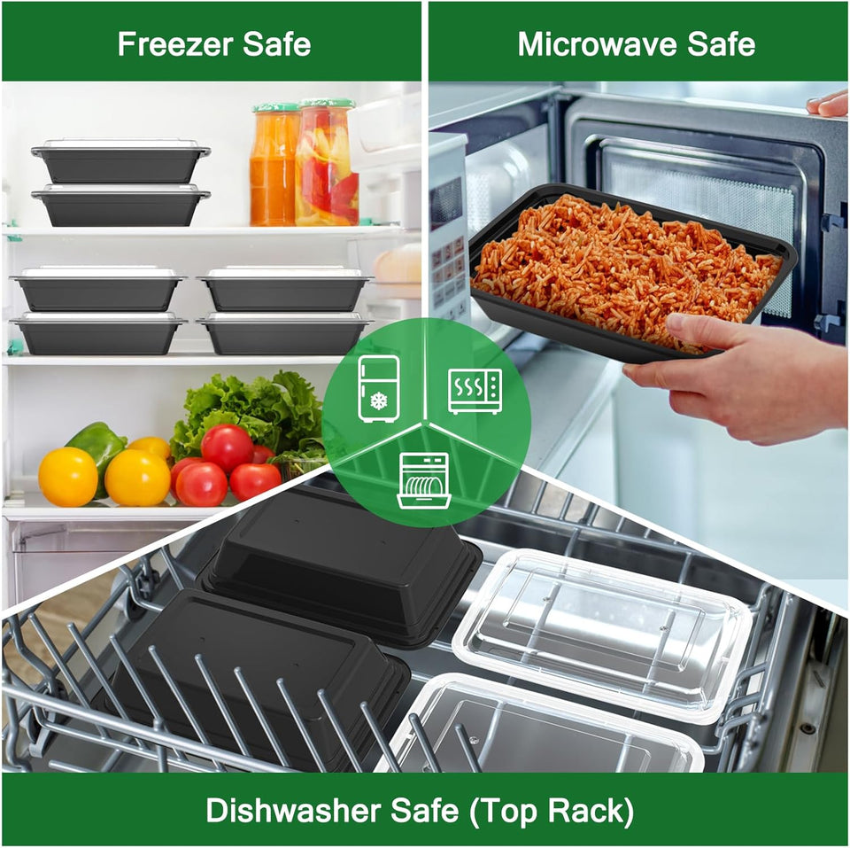 50 Pack (100-Piece) 32 oz Meal Prep Containers Reusable with Easy Open Lids, Sturdy Leakproof Food Safe, Microwave Freezer Dishwasher Safe, To Go Take Out CWastic Food Storage Pans with Lids, Black