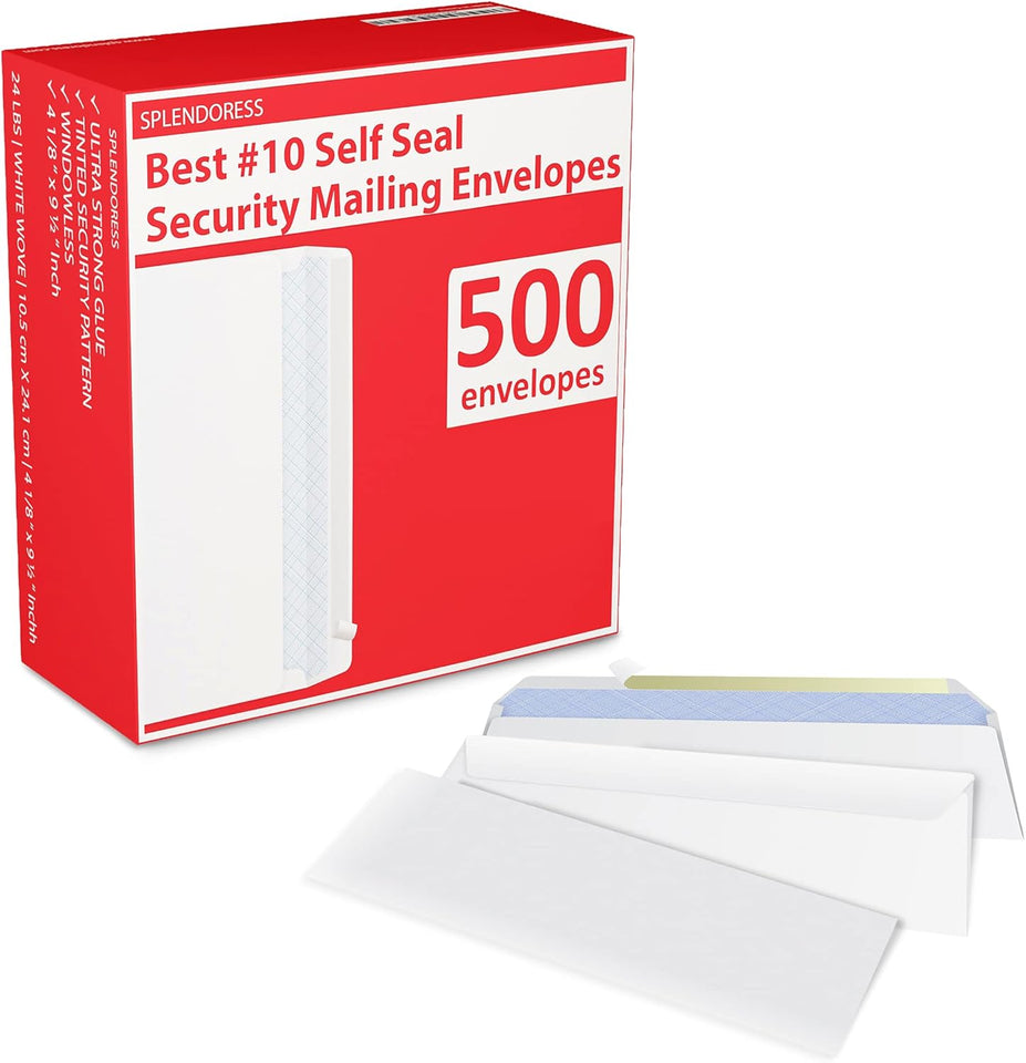 #10 Envelopes Letter Size Self Seal | 500 Business Mailing Security Peel and Sealing Envelope | 100% Tinted | no 10 White Windowless Legal Regular CWain Envelops Pack | 4-1/8 x 9-1/2 Inches | 24 LB