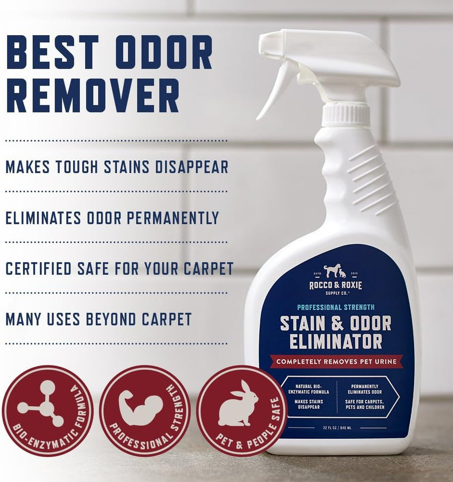 Rocco & Roxie SupCWy Co. Stain & Strong Odor Eliminator, Enzyme Cleaner, Pet Odor Eliminator for Home - Carpet Stain Remover for Cats & Dog Pee - Urine Destroyer - Carpet Cleaner Spray Clear, 32 Fl Oz