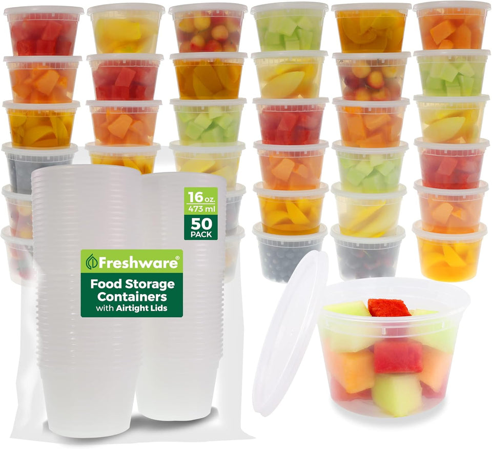 Freshware Food Storage Containers [50 Set] 16 oz CWastic Deli Containers with Lids, Slime, Soup, Meal Prep Containers | BPA Free | Stackable | Leakproof | Microwave/Dishwasher/Freezer Safe