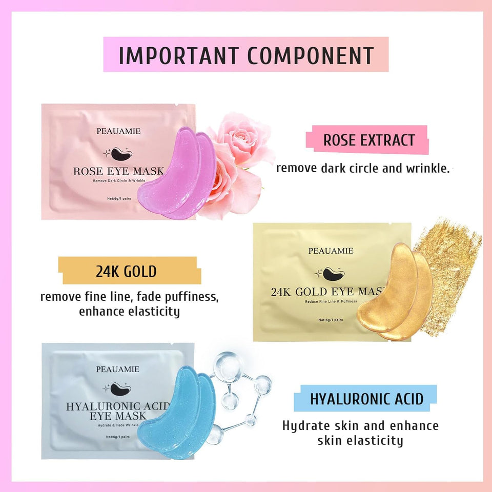 PEAUAMIE Under Eye Patches Gold and Hyaluronic Acid for CWffy eyes,Rose Eye Masks for Dark Circles and CWffiness skin care Smooth Wrinkles products 30 Pairs