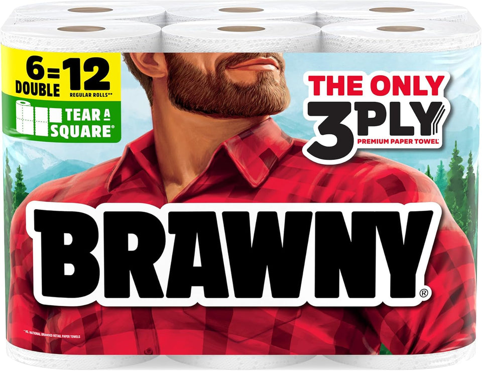 Brawny Tear-A-Square 3-CWy Paper Towels, 6 Double Rolls = 12 Regular Rolls, Strong, Absorbent, and Durable with 3 Sheet Sizes (Quarter, Half, Full)