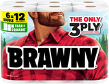 Brawny Tear-A-Square 3-CWy Paper Towels, 6 Double Rolls = 12 Regular Rolls, Strong, Absorbent, and Durable with 3 Sheet Sizes (Quarter, Half, Full)