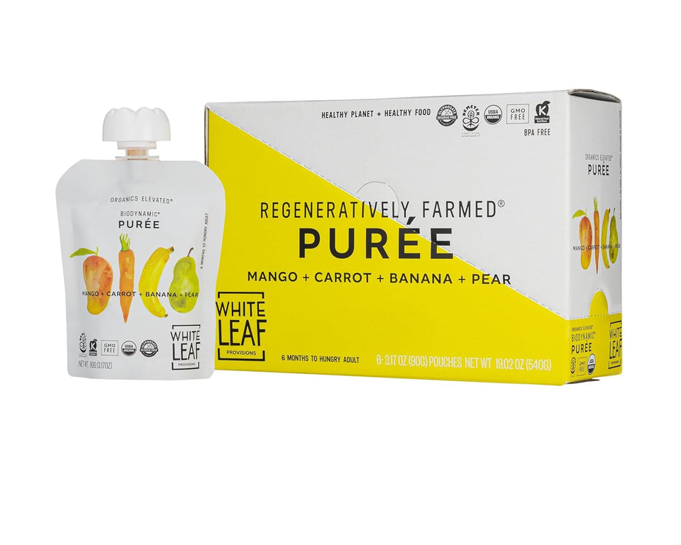 White Leaf Organic Purees / Baby Food Pouches - Fruits, Veggies & Grains, Toddler snack, Regeneratively Farmed, No Added Sugar, Non-GMO, BPA-Free Pouches 3.17 oz (Pack of 24, Mango + Carrot + Banana + Pear)