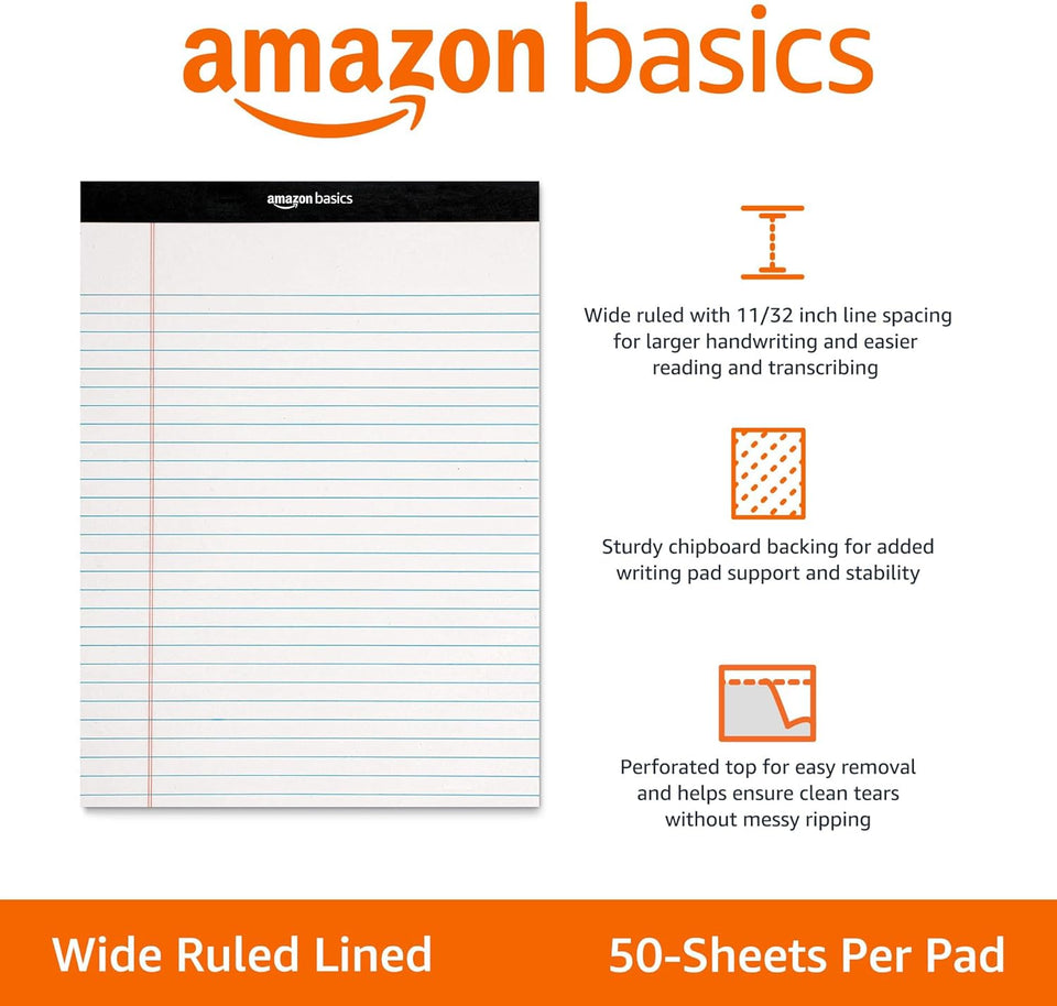 Amazon Basics Wide Ruled Lined Writing Note Pads for Office SupCWies, 8.5" x 11.75", White, 12-Pack of 50 Perforated Sheets