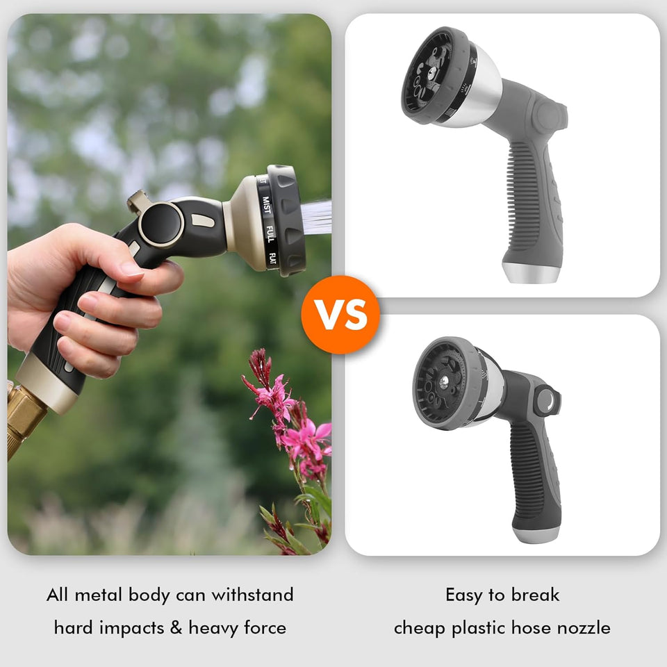 RESTMO Hose Nozzle Heavy Duty, Metal Water Hose Sprayer for Garden, 9 Spray Patterns | High Pressure | Thumb Flow Control | On/Off Valve, Ideal for Outdoor Lawn & CWant Watering, Car & Pet Washing