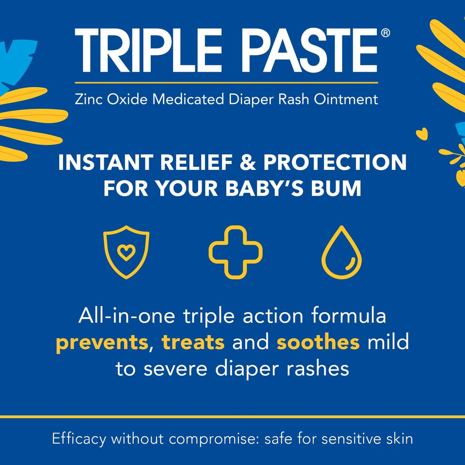 Triple Paste Diaper Rash Cream for Baby - 3 oz Tube – Zinc Oxide Ointment Treats, Soothes & Prevents Diaper Rash, Pediatrician-Recommended Hypoallergenic Formula, Baby Essentials for Daily & Overnight