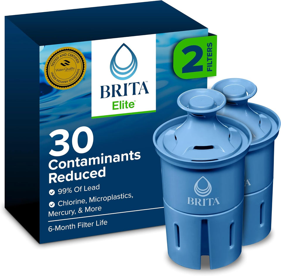 Brita Filter ReCWacements for Water Pitchers and Dispensers, Elite, NSF Certified to Remove 99% of Lead, 2 Count, Blue