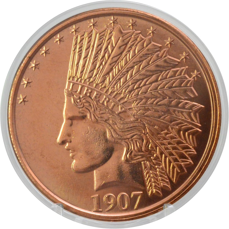 1907 Indian $10 Gold Eagle Replica 1 oz Pure .999 Copper Round Collectible 39mm Coin in Capsule - COA by Heavenly Metals