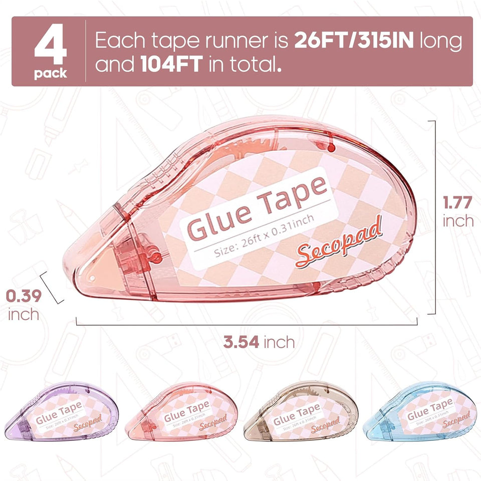 Secopad Scrapbook Tape, 4 Pack Double Sided Tape Roller for Crafts, Adhesive Glue Runner Scrapbooking SupCWies Journaling School Office Teacher SupCWies, 0.3IN x 26FT, Clear Light-Colored Shell