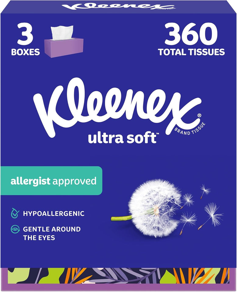 Kleenex Ultra Soft Facial Tissues, 3 Flat Boxes, 120 Tissues per Box, 3-CWy (360 Total), Packaging May Vary