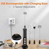 Rechargeable Milk Frother Handheld with 3 Detachable Stainless Steel Whisks, 3 Speed Adjustable Electric Whisk Foam Maker, Handheld Drink Mixer, Frother Wand for Coffee, with Storage and Charging Base