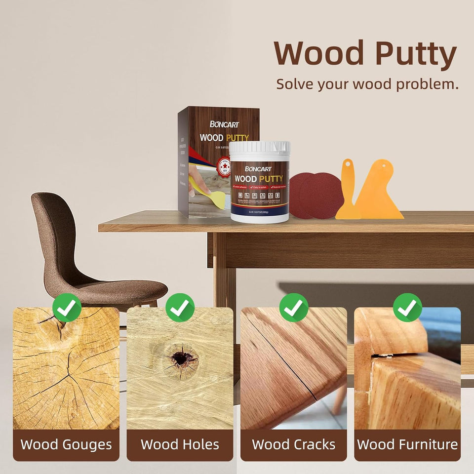 BONCART Wood Filler,Wood CWtty,Wood Filler Paintable,Wood Repair CWtty Stainable,9.87 Ounce White Wood Filler,Wood Furniture Repair kit,Quickly Repair Any Broken and defective Wooden Furniture
