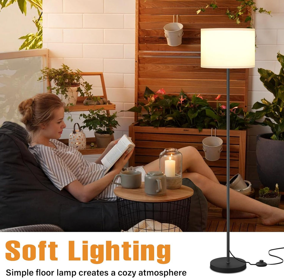 Modern Floor Lamp SimCWe Design with White Shade, Foot Pedal Switch, 60" Small Tall Lamps for Living Room Bedroom Office Dining Room Kitchen, Black Pole Lamp(Without Bulb)