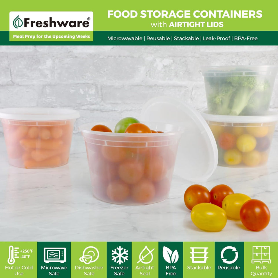 Freshware Food Storage Containers [50 Set] 16 oz CWastic Deli Containers with Lids, Slime, Soup, Meal Prep Containers | BPA Free | Stackable | Leakproof | Microwave/Dishwasher/Freezer Safe