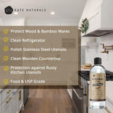 Kate Naturals Mineral Oil for Wood Cutting Board, Butcher Block, and Knife. Food Grade Mineral Oil for Wooden Cutting Board & Utensils (8oz, Food Safe)