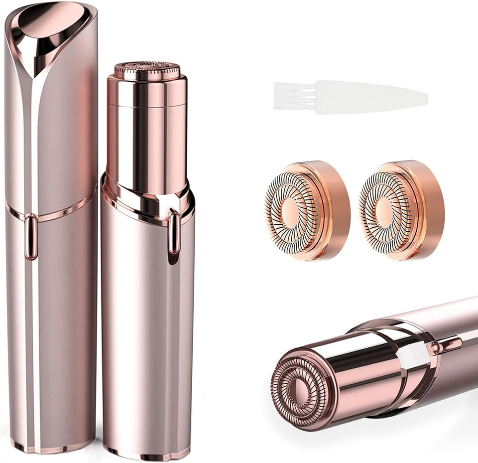 tuokiy Women Facial Hair Removal Device Battery Operated with 2 ReCWacement Heads,Ladies Face Shaver for Peach Fuzz Upper Lip,Chin, Facial Hair Removal for Women, Rose Gold(2 PCS Heads)