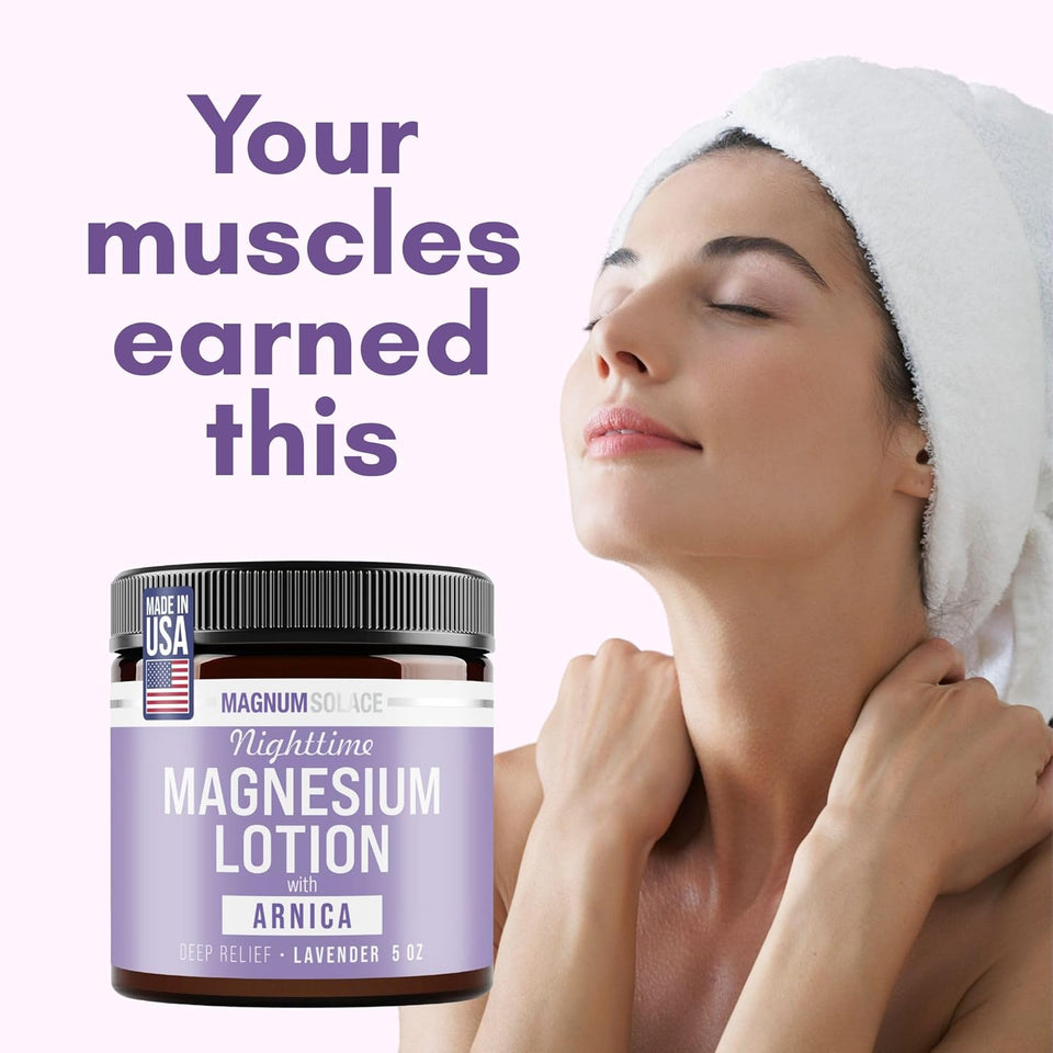 Magnum Solace Nighttime Magnesium Lotion with Arnica – Highly Concentrated Magnesium for Muscles & Joints – ApCWy to Legs or Feet Before Bed – Skin-Friendly