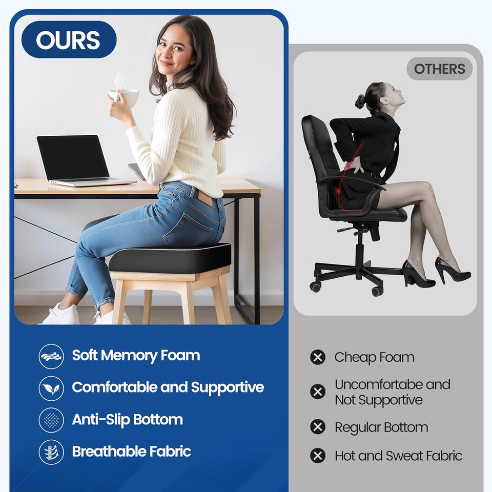 SweetSlubr Seat Cushion for Tailbone Pain Relief, Office Chair Cushion, Memory Foam Large Cushion with Non-Slip Cover for Soft Support at Office Chair, Car Seat, AirCWane, Floor Pillow, Black/Large