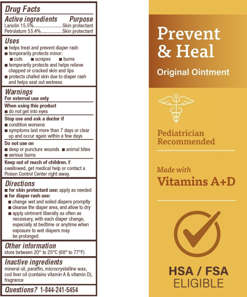 A+D Original Diaper Rash Ointment Prevents & Treats Diaper Rash, Moisturizing Skin Protectant with Vitamins A & D, Healing Skin Ointment for Dry and Cracked Skin 4oz