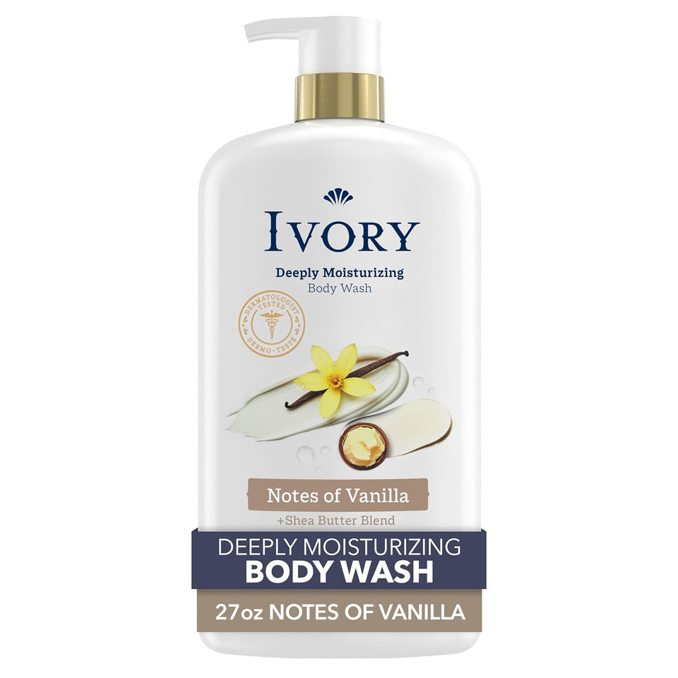 Ivory Body Wash, DeeCWy Moisturizing, 24hr Nourishing Hydration, Soothes Itchy Dry Skin, Made with Shea Butter Blend, Free of Dyes Heavy Perfumes Parabens & Phthalates, Vanilla Scent, 27 oz