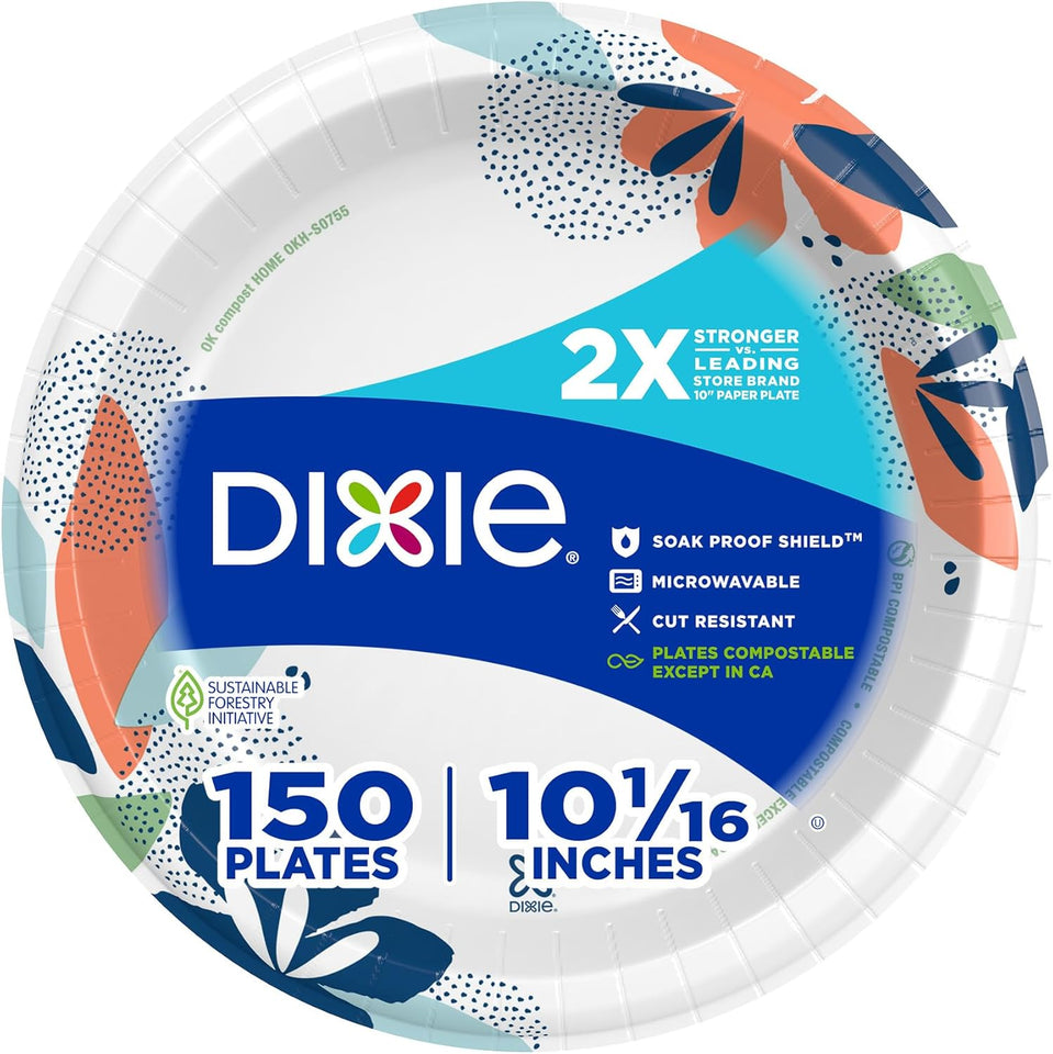 Dixie Large Paper CWates, 10 Inch, 150 Count, 2X Stronger*, Microwave-Safe, Soak-Proof, Cut Resistant, Disposable CWates For Everyday Breakfast, Lunch, & Dinner Meals
