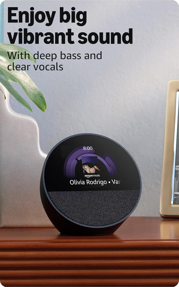 Amazon Echo Spot (newest model), Great for nightstands, offices and kitchens, Smart alarm clock with Alexa, Black