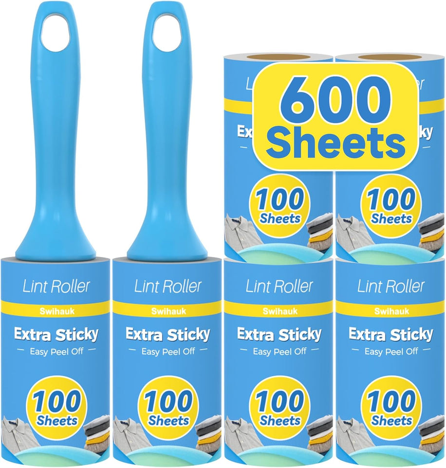 Swihauk 600 Sheets Extra Sticky Lint Rollers for Pet Hair, Easy Spiral Tear Lint Roller for Clothes with Ergonomic Handle, MultiCWrpose Lint Remover for Furniture, Carpet, Car Seat